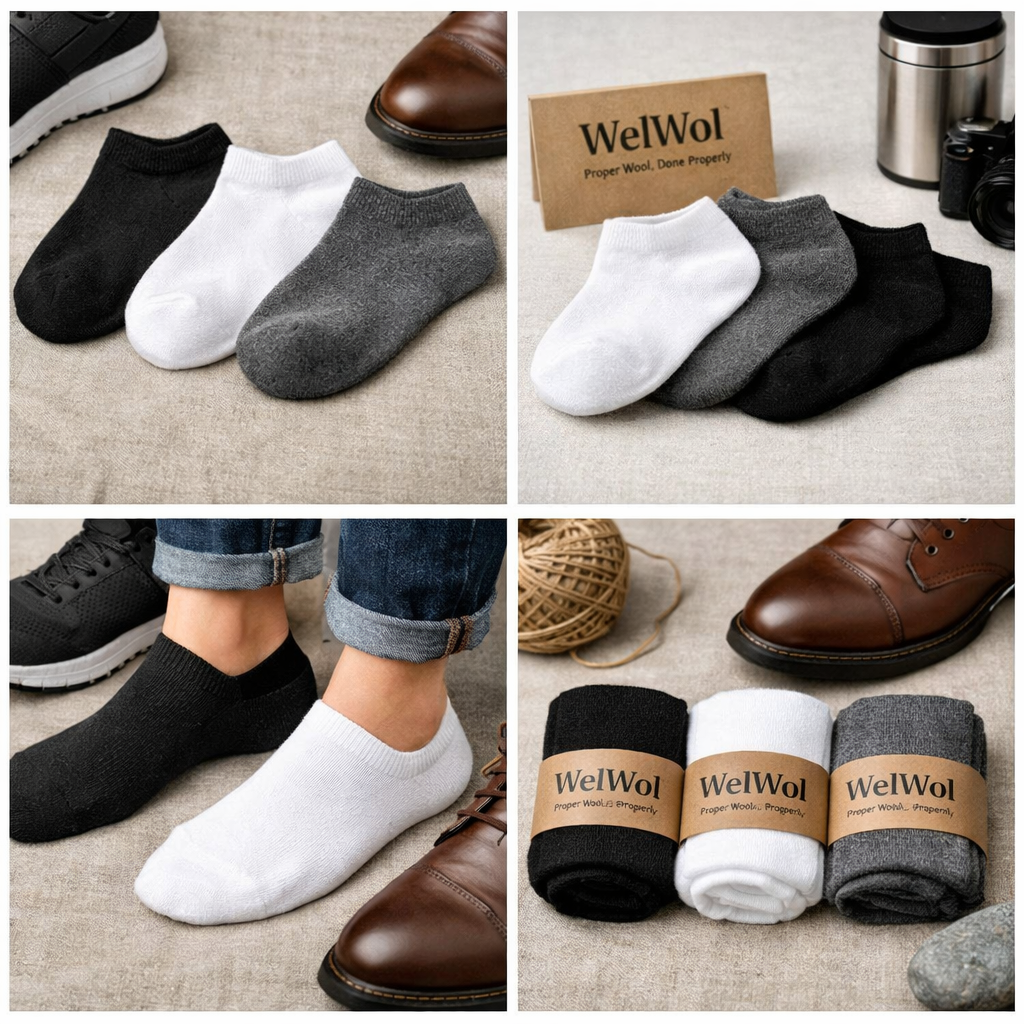 WolWijs ankle socks in black, white, and grey